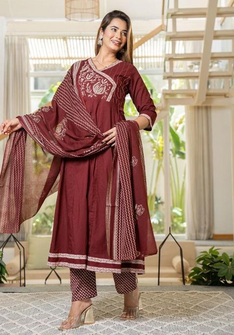 Maroon Embroidered Cotton Salwar Kameez With Dupatta