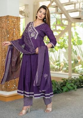 Purple Embroidered Cotton Salwar Kameez With Dupatta