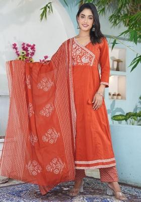 Orange Embroidered Cotton Salwar Kameez With Dupatta