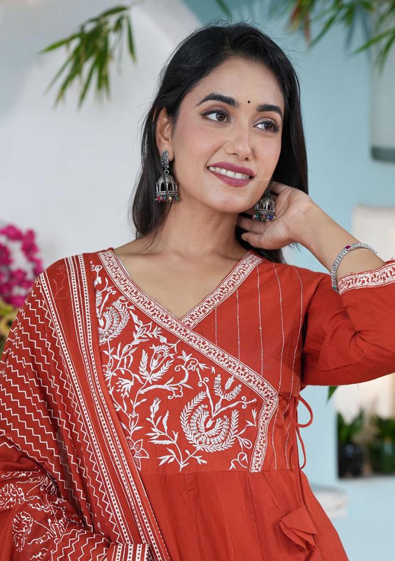 Orange Embroidered Cotton Salwar Kameez With Dupatta - Indya
