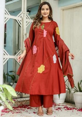 Maroon Embroidered Cotton Salwar Kameez With Dupatta