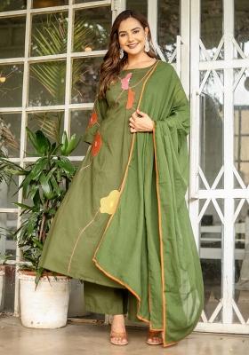 Green Embroidered Cotton Salwar Kameez With Dupatta