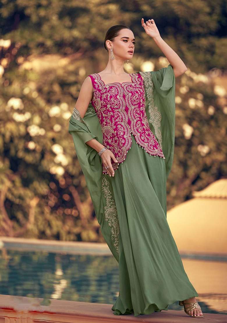 Pink Embroidered Silk Blend Fusion Set - Indya