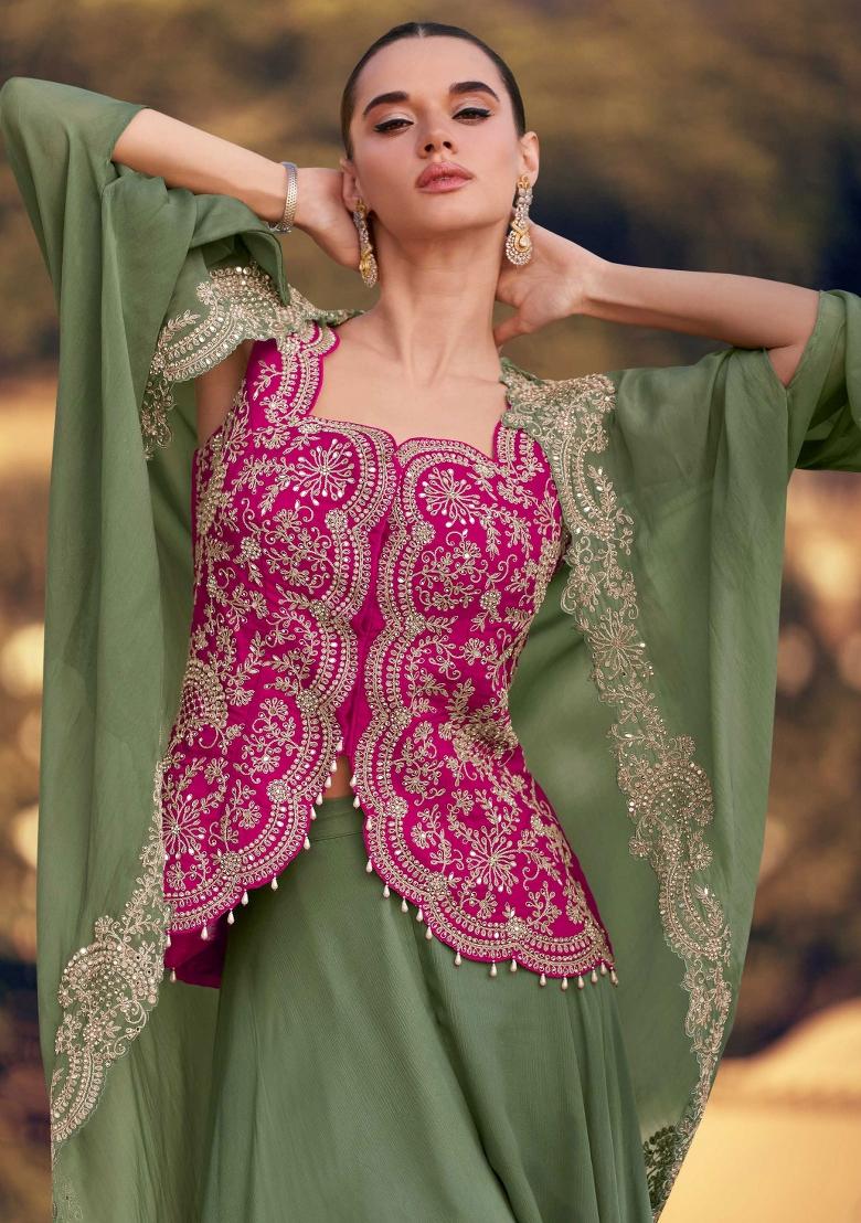 Pink Embroidered Silk Salwar Kameez With Dupatta - Indya