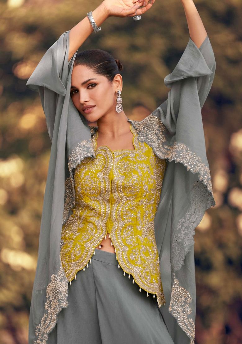 Yellow Embroidered Silk Salwar Kameez With Dupatta - Indya