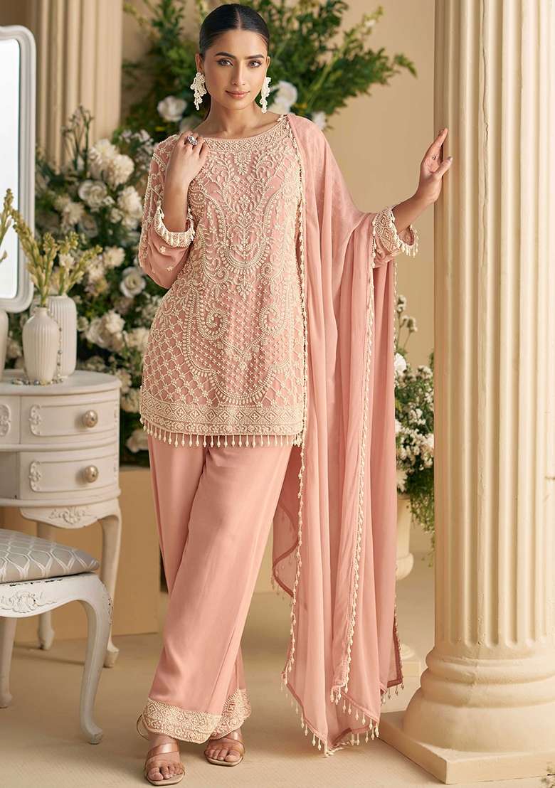 Pink Embroidered Georgette Pakistani Suit Set - Indya