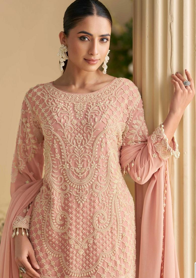 Pink Embroidered Georgette Salwar Kameez With Dupatta - Indya