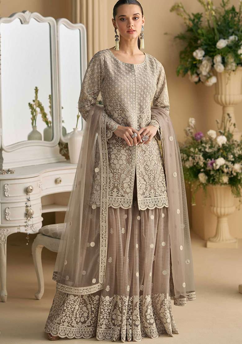 Grey Embroidered Georgette Sharara Set - Indya