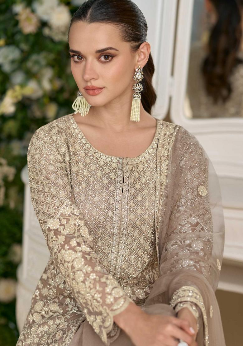 Grey Embroidered Georgette Salwar Kameez With Dupatta - Indya