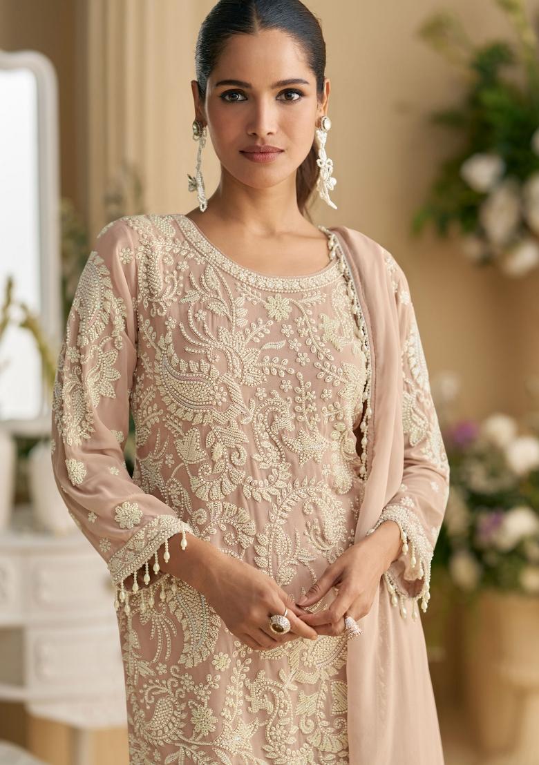 Purple Embroidered Georgette Salwar Kameez With Dupatta - Indya