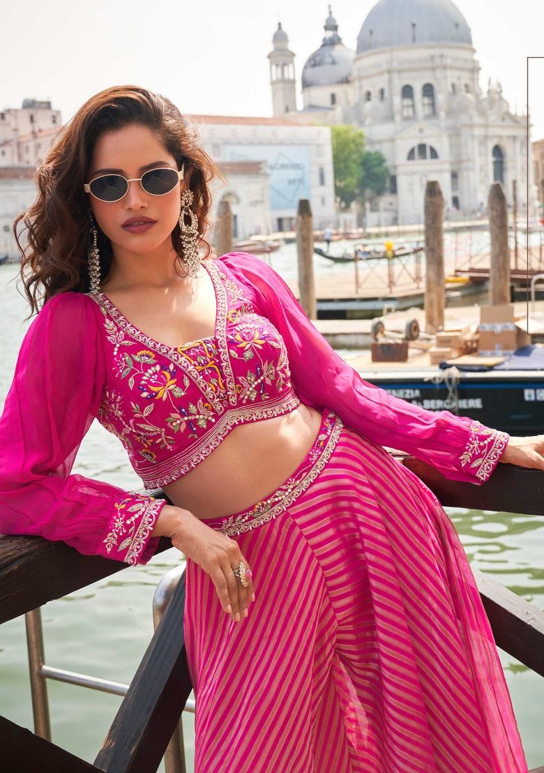 Pink Embroidered Silk Salwar Kameez With Dupatta - Indya