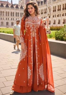 Orange Embroidered Silk Salwar Kameez With Dupatta