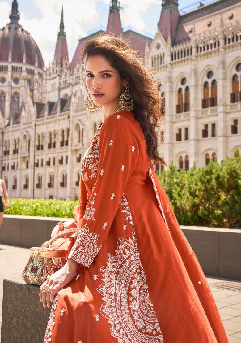 Orange Embroidered Silk Salwar Kameez With Dupatta - Indya