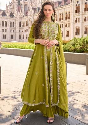 Green Embroidered Silk Salwar Kameez With Dupatta