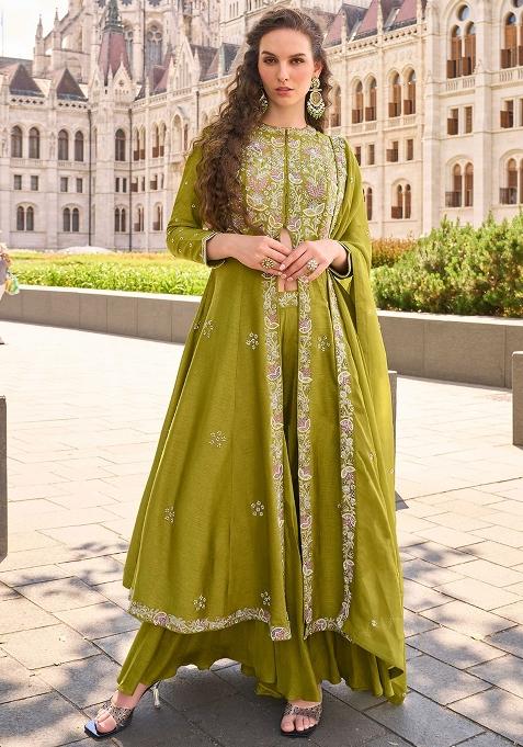 Green Embroidered Silk Salwar Kameez With Dupatta