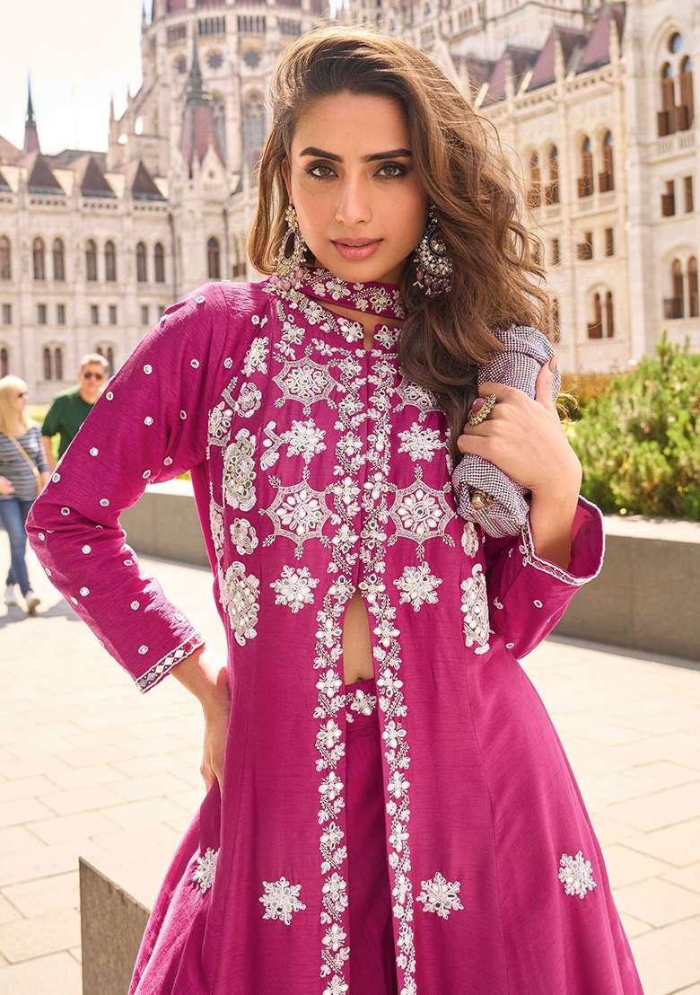Pink Embroidered Silk Blend Anarkali Set - Indya