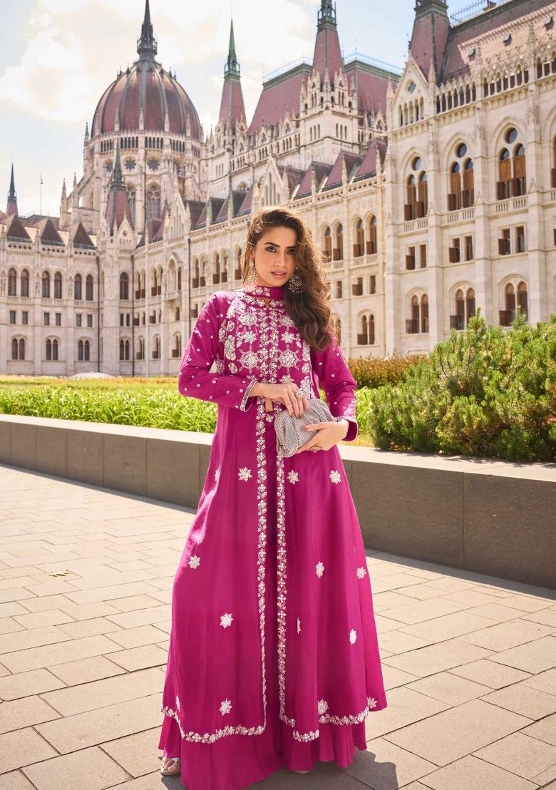 Pink Embroidered Silk Salwar Kameez With Dupatta - Indya
