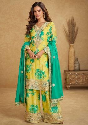 Yellow Embroidered Chinnon Salwar Kameez With Dupatta