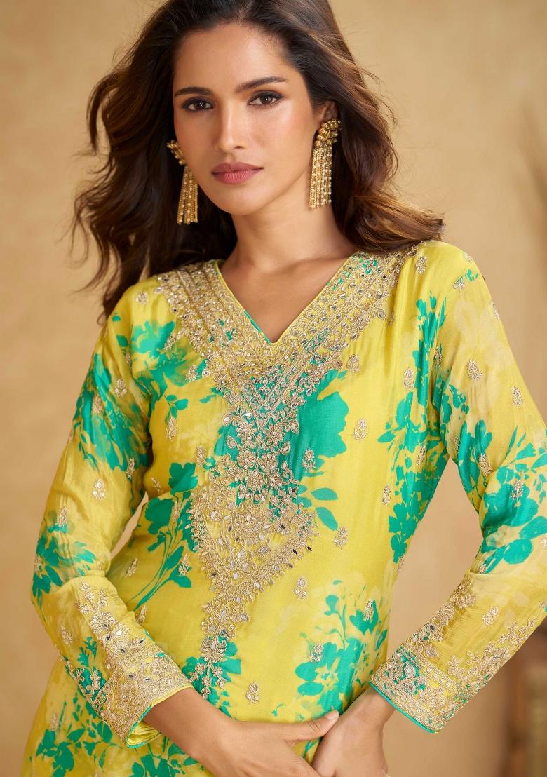 Yellow Embroidered Chinnon Salwar Kameez With Dupatta - Indya