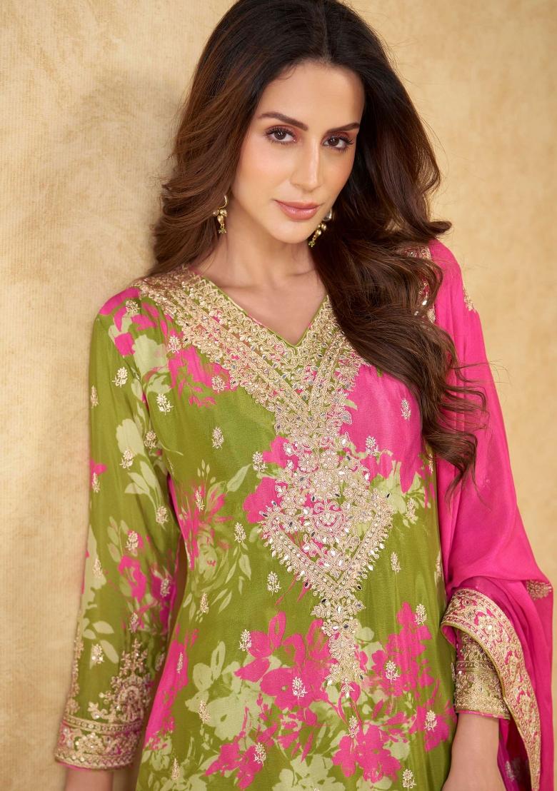 Green Embroidered Chinnon Salwar Kameez With Dupatta - Indya