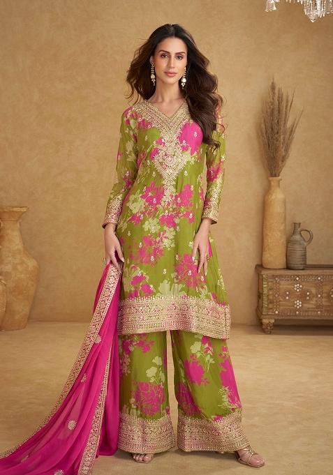 Green Embroidered Chinnon Salwar Kameez With Dupatta — view on Indya