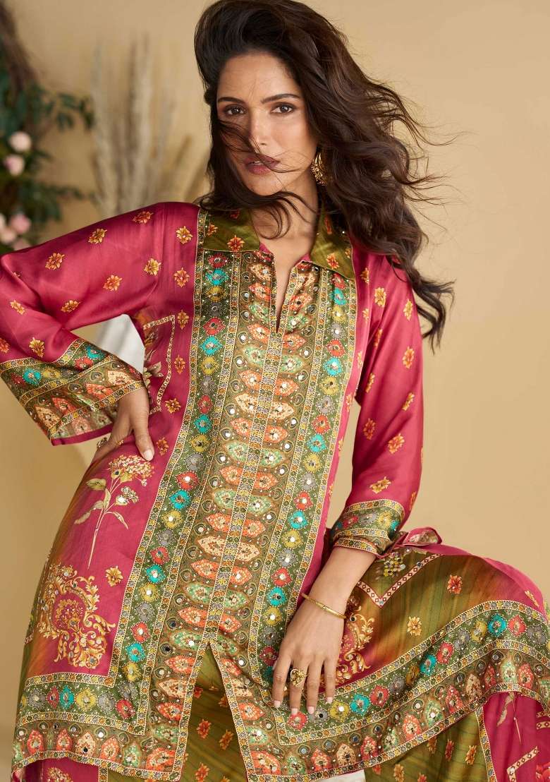 Multi Color Printed Silk Blend Pakistani Suit Set - Indya