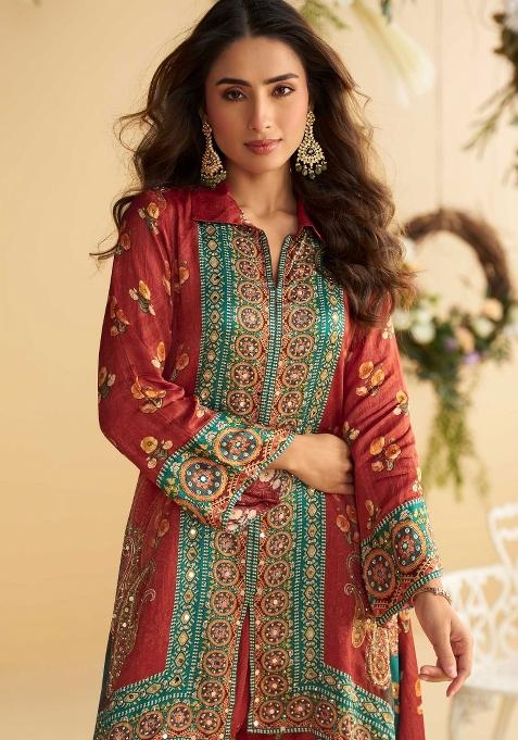 Multi Color Embroidered Silk Salwar Kameez