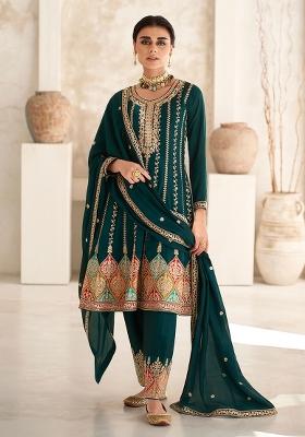 Green Embroidered Silk Salwar Kameez With Dupatta