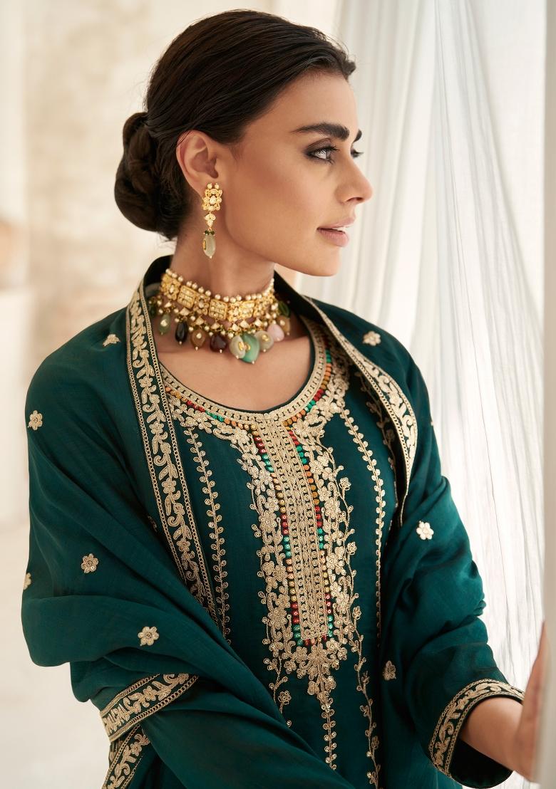 Green Embroidered Silk Salwar Kameez With Dupatta - Indya