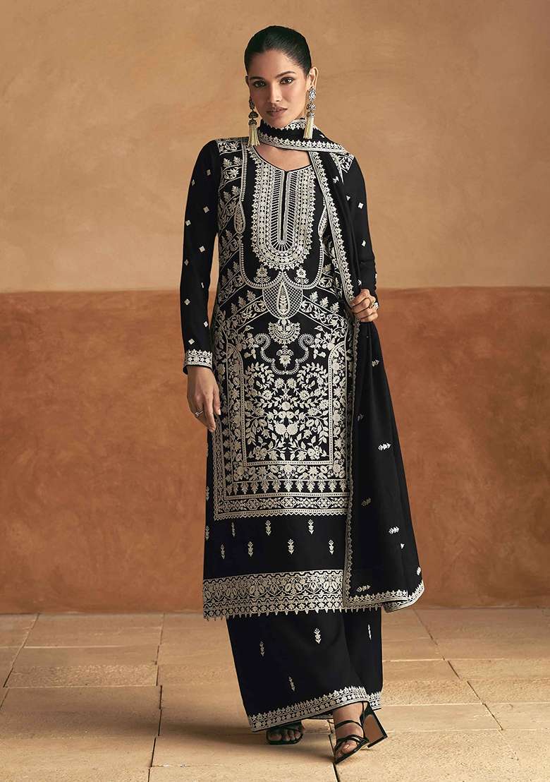 Black Embroidered Silk Blend Salwar Kameez With Dupatta - Indya