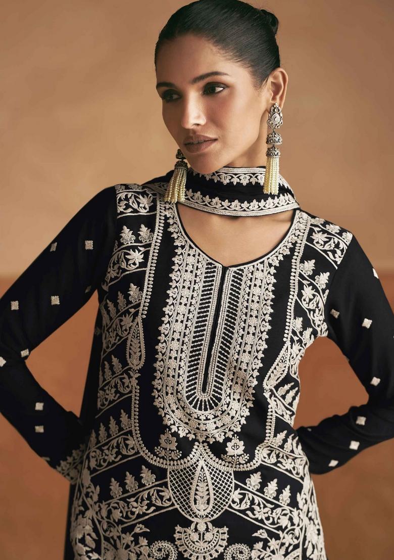 Black Embroidered Silk Salwar Kameez With Dupatta - Indya