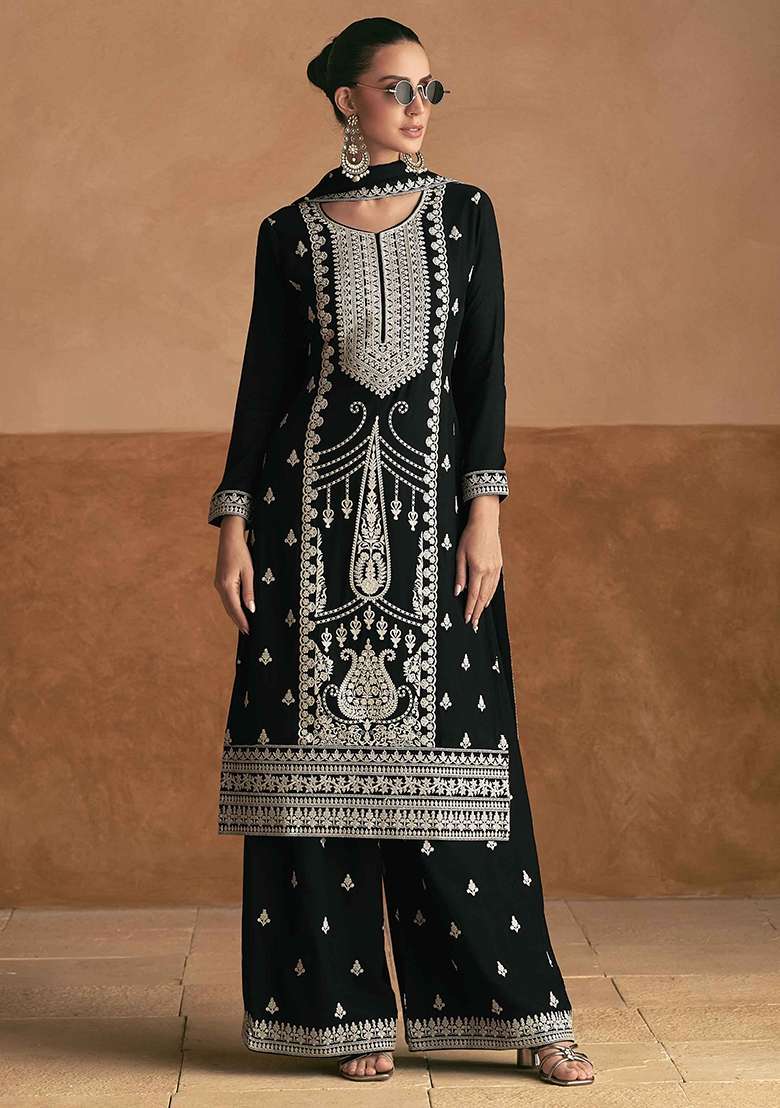Black Embroidered Silk Salwar Kameez With Dupatta - Indya