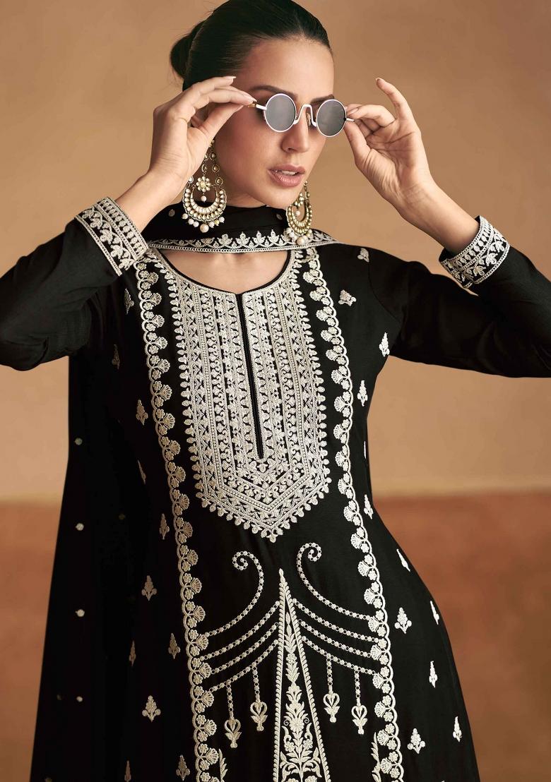 Black Embroidered Silk Salwar Kameez With Dupatta - Indya