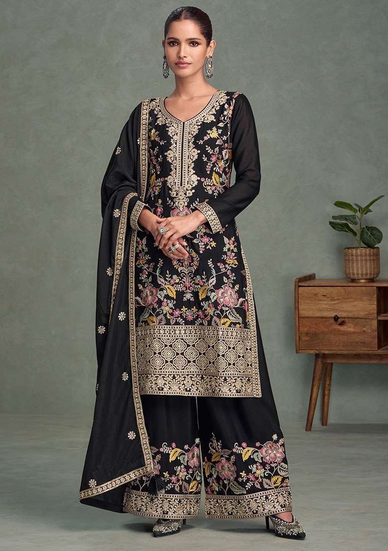 Black Embroidered Silk Sharara Set - Indya