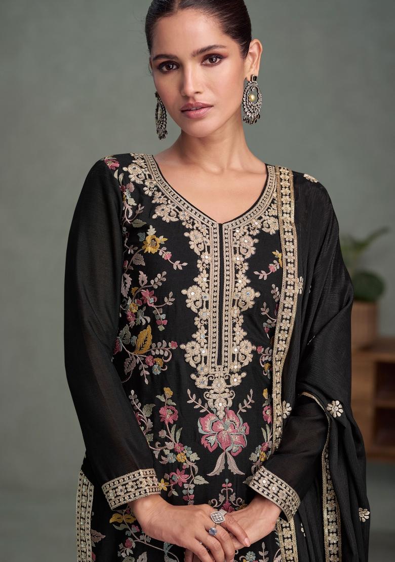 Black Embroidered Silk Salwar Kameez With Dupatta - Indya