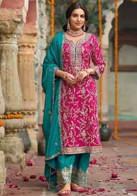 Pink Embroidered Chinnon Salwar Kameez With Dupatta