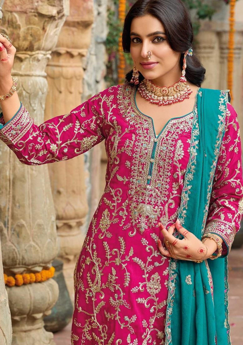 Pink Embroidered Chinnon Salwar Kameez With Dupatta - Indya