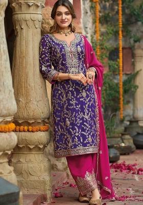 Purple Embroidered Chinnon Salwar Kameez With Dupatta