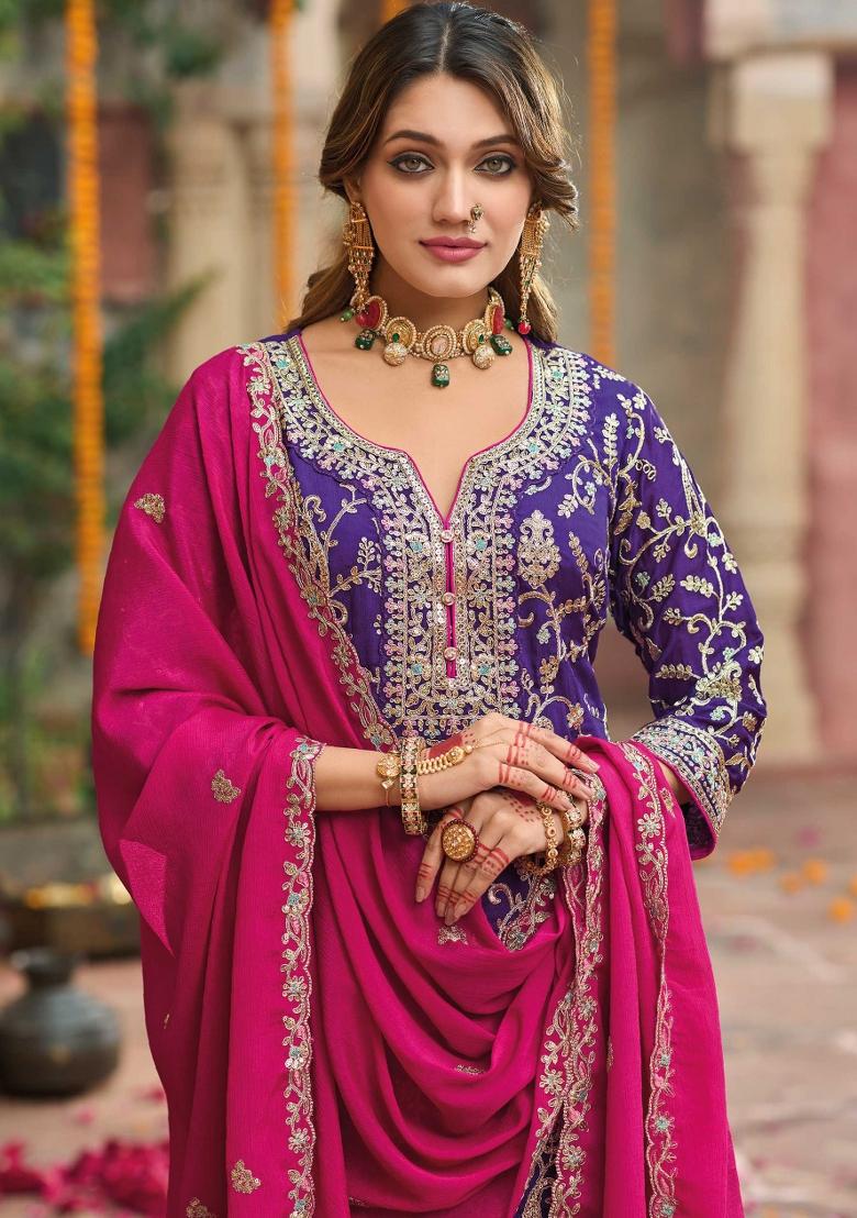 Purple Embroidered Chinnon Salwar Kameez With Dupatta - Indya