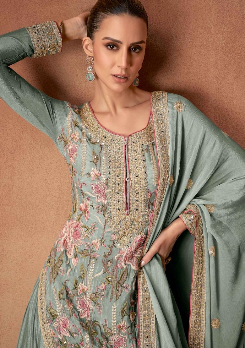 Grey Embroidered Chinnon Salwar Kameez With Dupatta - Indya