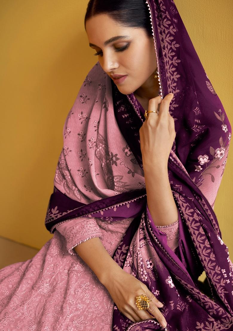 Pink Embroidered Georgette Salwar Kameez With Dupatta - Indya