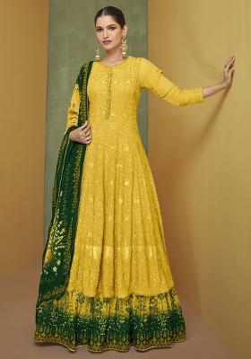 Yellow Embroidered Georgette Salwar Kameez With Dupatta