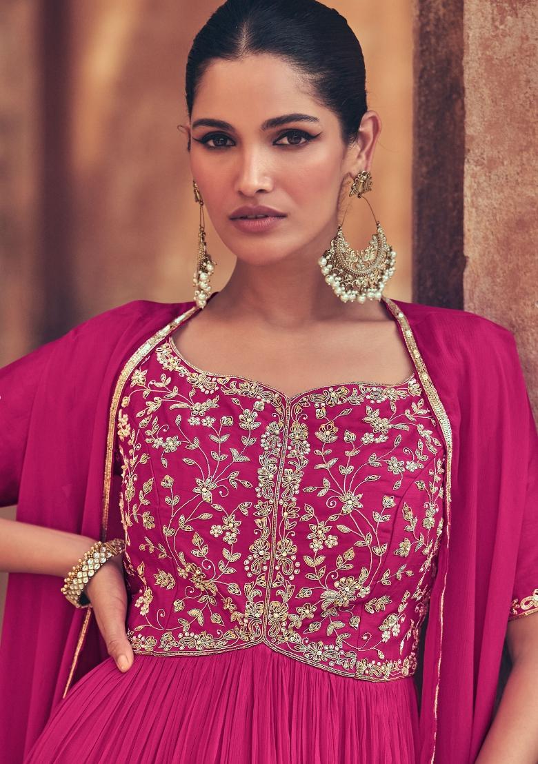 Pink Embroidered Georgette Salwar Kameez With Dupatta - Indya