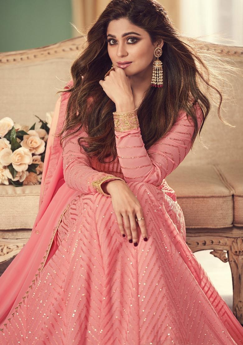 Peach Embroidered Georgette Salwar Kameez With Dupatta - Indya