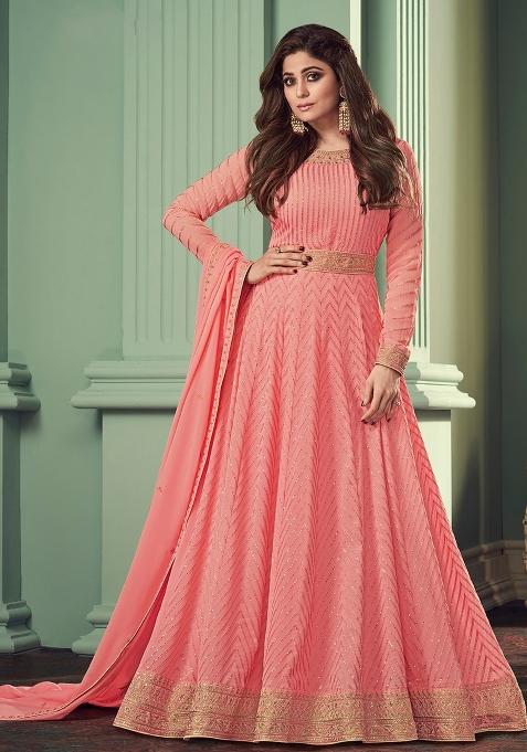 Peach Embroidered Georgette Salwar Kameez With Dupatta