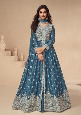 Blue Embroidered Silk Salwar Kameez With Dupatta