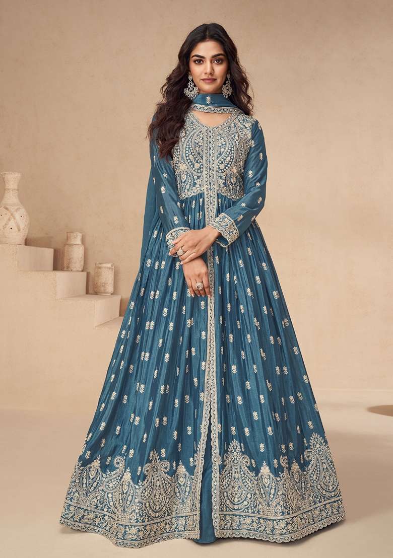Blue Embroidered Silk Blend Anarkali Set - Indya