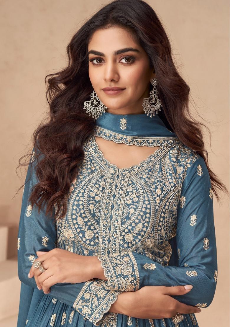 Blue Embroidered Silk Salwar Kameez With Dupatta - Indya