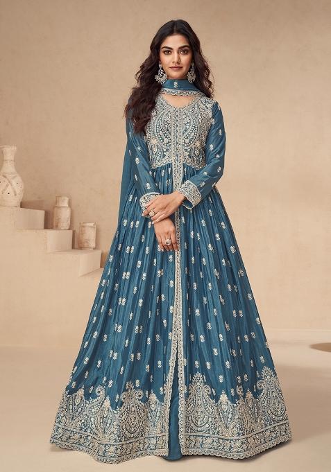 Blue Embroidered Silk Anarkali Set