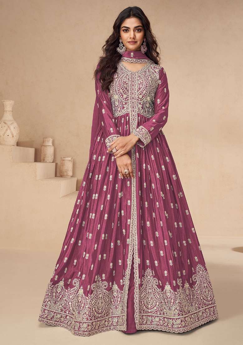 Pink Embroidered Silk Blend Anarkali Set - Indya